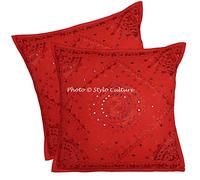 Stylo Culture Bohemian Indian 60 x 60 Cushion Covers 24x24 Inches Red Decorative Mirror Embroidered Scatter Couch Cushions Throw Pillow Cases - Set Of 2