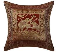 Stylo Culture Brocade Boho Bedroom Cushion Cover Brown 40cm x 40cm Elephant Scatter Cushion For Bed Jacquard Weave Home Decoration 16x16 inches Kids Throw Pillow (1 Pc)