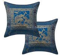 Stylo Culture Brocade Boho Sofa Cushion Covers Turquoise 40cm x 40cm Elephant Scatter Cushions For Sofa Jacquard Weave Home Decoration 16x16 inches Throw Pillows (Set Of 2)