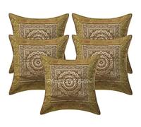 Stylo Culture Brocade Ethnic Decorative Cushion Covers Gold 40cm x 40cm Mandala Tapestry Scatter Cushions For Couch Jacquard Weave Home Decoration 16x16 inches Throw Pillows Soft (Set Of 5)