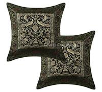 Stylo Culture Brocade Indian Sofa Cushion Covers Dark Green 40 x 40cm Elephant Peacock Scatter Cushions For Couch Jacquard Weave Home Decoration 16 x 16 Inches Throw Pillows For Girls (Set Of 2)