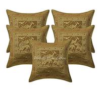 Stylo Culture Brocade Indian Sofa Cushion Covers Gold 40 x 40cm Elephant Scatter Cushions For Couch Jacquard Weave Home Decoration 16 x 16 Inches Throw Pillows For Girls (Set Of 5)