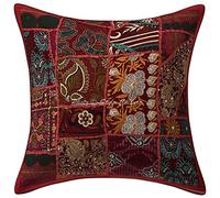 Stylo Culture Cotton Bohemian Decorative Cushion Cover Maroon 40 x 40cm Floral Geometric Scatter Cushion For Couch Vintage Khambadi Patchwork Home Decoration 16 x 16 Inches Kids Throw Pillow (1 Pc)