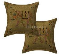 Stylo Culture Cotton Bohemian Living Room Cushion Covers Olive Green 40 x 40cm Elephant Lounge Scatter Cushions Gold Thread Embroidered Home Decoration 16 x 16 Inches Kids Throw Pillows (Set Of 2)