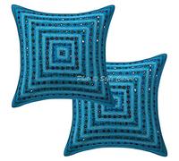 Stylo Culture Cotton Boho Decorative Couch Scatter Cushions Turquoise 40cm x 40cm Geometric Cushion Covers Embroidered Mirror Lace Home Decoration 16x16 inches Throw Pillows (Set Of 2)