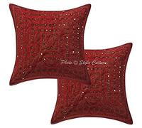 Stylo Culture Cotton Boho Decorative Scatter Cushions For Bed Maroon 40cm x 40cm Geometric Cushion Covers Embroidered Mirror Lace Home Decoration 16x16 inches Kids Throw Pillows (Set Of 2)