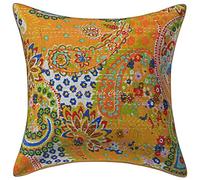 Stylo Culture Cotton Boho Living Room Cushion Cover Mango Yellow 40cm x 40cm Paisley Floral Scatter Cushion For Settee Kantha Printed 16x16 inches Kids Throw Pillow (1 Pc)