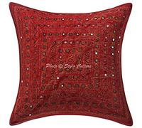 Stylo Culture Cotton Boho Sofa Cushion Cover Maroon 40cm x 40cm Embroidered Mirrored Lounge Scatter Cushion Geometric Home Decoration 16x16 inches Throw Pillow For Girls (1 Pc)