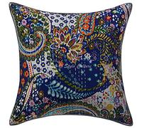 Stylo Culture Cotton Ethnic Decorative Cushion Cover Dark Blue Navy 40cm x 40cm Paisley Floral Scatter Cushion For Bed Kantha Printed 16x16 inches Throw Pillow For Girls (1 Pc)