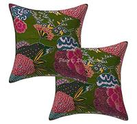 Stylo Culture Cotton Indian Sofa Cushion Covers Dark Olive Green 40 x 40cm Tropicana Scatter Cushions For Couch Kantha Printed 16 x 16 Inches Throw Pillows Soft (Set Of 2)