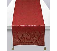 Stylo Culture Decorative Extra Long Table Runner Burgundy Maroon Gold Ethnic Round Mandala Jacquard Tassel Work Home Decor Wedding Tablecloth Brocade Rectangle Table Cloth Placemat 68x16 Inches