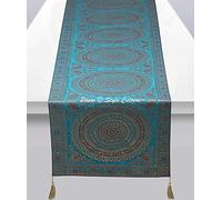 Stylo Culture Decorative Extra Long Table Runner Turquoise Gold Ethnic Round Mandala Jacquard With Tassel Home Decor Reception Table Cloth Brocade Rectangle Tablecloth Placemat 68x16 Inches