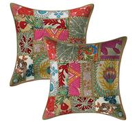 Stylo Culture Ethnic 30 x 30 cm Sofa Cushion Covers Khaki 12x12 Inch Vintage Patchwork Bohemian Cotton Decorative Abstract Square Living Room Cushion Covers | Set Of 2