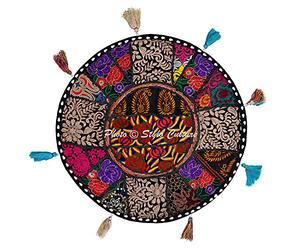 Stylo Culture Ethnic Bohemian Floor Cushion For Garden Throw Pillow Cover Black 45x45 cm Patchwork Vintage Round Small 18 Inch Hallway Cotton Embroidered Chair Seating Cover