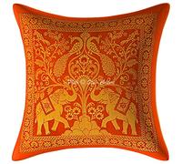 Stylo Culture Ethnic Brocade Couch Lounge Scatter Cushion Covers 12 x 12 Inch Orange Gold Elephant 30cm x 30cm Jacquard Cute Square Decorative Peacock Throw Pillow Cover - (1 Pc)