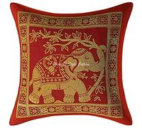 Stylo Culture Ethnic Brocade Couch Lounge Scatter Cushion Covers 30cm x 30cm Burgundy Maroon Gold Elephant 12 x 12 Inch Jacquard Square Decorative Floral Throw Pillow Cover - (1 Pc)