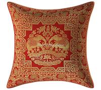 Stylo Culture Ethnic Brocade Couch Lounge Scatter Cushion Covers 40cm x 40cm Red Gold Elephant 16x16 Inch Jacquard Square Decorative Floral Throw Pillowcase - (1 Pc)
