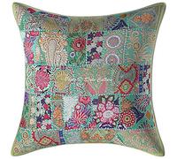 Stylo Culture Ethnic Cotton Vintage Fabric Patchwork Scatter Cushion Covers Large 60cm x 60cm Parrot Green Boho 24 x 24 Inch Embroidered Square Sofa Couch Floral Throw Pillowcase - (1 Pc)