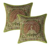 Stylo Culture Ethnic Decorative Cushion Covers 12x12 Inches Set Of 2 Olive Green Banarsi Brocade Jacquard Brocade Bedroom Sofa Throw Pillow Covers Peacock Elephant 30x30 cm Pillow Cases