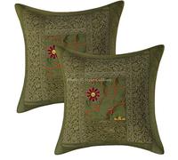 Stylo Culture Ethnic Decorative Cushion Covers 16 x 16 Inches Set Of 2 Olive Green Embroidered Brocade Patchwork Polydupion Bedroom Sofa Throw Pillow Covers Floral 40x40 cm Pillow Cases