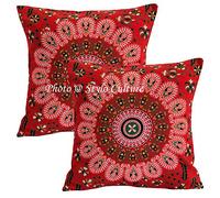Stylo Culture Ethnic Decorative Cushions For Bed Red Printed Peacock Eye Cushion Covers 40cm X 40cm Cotton Square Traditional Mandala 40x40 cm Cushion Covers (Set of 2 Pcs)