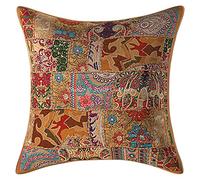 Stylo Culture Ethnic Decorative Large Cushion Covers 60 x 60 Home Decor Khaki Vintage Fabric Patchwork Cotton Living Room Couch Throw Pillow Cover Floral 60x60 cm Pillow Case