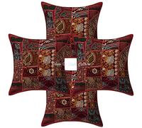 Stylo Culture Ethnic Decorative Scatter Cushion Covers Maroon 16 By 16 Inch Vintage Patchwork 40x40 cm Cotton Bohemian Floral Abstract Home Cushion Covers | Set Of 4