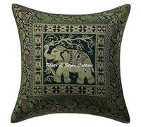 Stylo Culture Ethnic Elephant Throw Pillows Cases Scatter Cushions Green Brocade Jacquard Paisley Cushion Cover 16 X 16 Brocade 40x40 cm Traditional Square Cushion Covers (1 Pc)