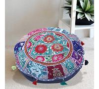 Stylo Culture Ethnic Round Indian Floor Pillow Scatter Cushion Cover Grey 45x45 cm Vintage Patchwork Hallway Boho Small 18 Inch Living Room Cotton Embroidered Chair Seating Cover