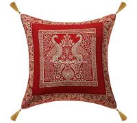 Stylo Culture Indian Bohemian Couch Sofa Seat Cushion Cover Maroon 18 x 18 Inch Gold Jacquard Weave Tassels 45 x 45 cm Brocade Decorative Peacock Floral Zippered Throw Pillow Case Cover | 1 Pc