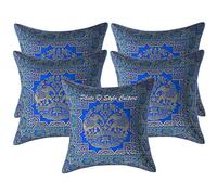 Stylo Culture Indian Brocade Decorative Cushion Covers 40 x 40cm Turquoise Gold Elephant 16 x 16 Inch Jacquard Square Living Room Floral Throw Pillowcases - (Set Of 5 Pcs)