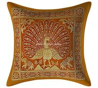 Stylo Culture Indian Brocade Decorative Scatter Cushion Covers 30 x 30 cm Mustard Yellow Gold Dancing Peacock 12x12 Inch Jacquard Square Living Room Floral Throw Pillowcase - (1 Pc)
