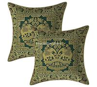 Stylo Culture Indian Brocade Sofa Couch Cushion Covers 16 x 16 Inch Dark Green Gold Elephant 40 x 40 cm Jacquard Square Couch Lounge Floral Throw Pillow Cases - (Set Of 2 Pcs)