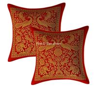 Stylo Culture Indian Brocade Sofa Couch Cushion Covers 30 x 30 cm Red Gold Elephant 12x12 Inch Jacquard Square Couch Lounge Peacock Throw Pillow Cases - (Set Of 2 Pcs)