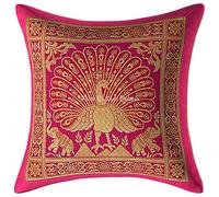 Stylo Culture Indian Brocade Sofa Couch Scatter Cushion Covers 30 x 30 cm Magenta Gold Dancing Peacock 12x12 Inch Jacquard Square Couch Lounge Floral Throw Pillowcase - (1 Pc)