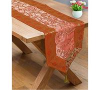 Stylo Culture Indian Coffee Table Runner Christmas 6 Ft Orange Peach Traditional Decorative Tablecloth Zari Embroidered Tassels 72 Inch Brocade Jacquard Bordered Ethnic Wedding Decor