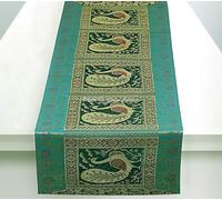 Stylo Culture Indian Coffee Table Runner Dark Green Gold Peacock Floral Brocade Jacquard Rectangle Home Decor Ethnic Extra Long Tablecloth | 60x16 Inches (152 x 40 cm)