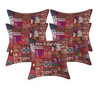 Stylo Culture Indian Cotton Vintage Fabric Patchwork Boho Cushion Covers Large 24x24 Inch Red Abstract 60 x 60 cm Embroidered Square Couch Lounge Floral Throw Pillow Covers - (Set Of 5 Pcs)