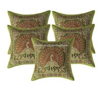 Stylo Culture Indian Decorative Cushion Covers 12x12 Set Of 5 Olive Green Banarsi Brocade Jacquard Brocade Living Room Couch Throw Pillow Covers Peacock Elephant 30x30 cm Pillow Cases