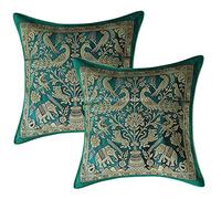 Stylo Culture Indian Decorative Cushion Covers 30 x 30 cm Set Of 2 Emerald Green Banarsi Brocade Jacquard Brocade Bedroom Throw Pillow Covers Elephant Peacock 30x30 cm Pillow Cases