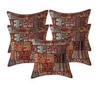 Stylo Culture Indian Decorative Large Cushion Covers 60 x 60 Set Of 5 Brown Vintage Fabric Patchwork Cotton Bedroom Sofa Throw Pillow Covers Floral 60x60 cm Pillow Cases