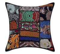 Stylo Culture Indian Decorative Scatter Cushion Cover Black Living Room Patchwork Retro 12 Inch Vintage 30x30 cm Cotton Bohemian Abstract Square Scatter Cushion Cover | 1 Pc