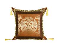 Stylo Culture Indian Decorative Sofa Back Cushion Cover Coffee Brown 18 x 18 Inch Gold Jacquard Weave Tassels 45 x 45 cm Brocade Bohemian Elephant Floral Zippered Kids Cushion Cover | 1 Pc