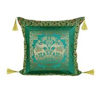 Stylo Culture Indian Decorative Sofa Cushion Cover Emerald Green 18 Inch Gold Jacquard Weave Tassels 45 x 45 cm Brocade Bohemian Elephant Floral Zippered Sofa Set Pillow Cover | 1 Pc