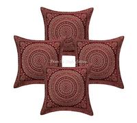Stylo Culture Indian Decorative Throw Pillow Cushion Covers Maroon 16x16 Inch Gold Jacquard Weave 40 x 40 cm Brocade Bohemian Mandala Floral Zippered Bedroom Scatter Cushion Covers | Set Of 4