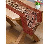 Stylo Culture Indian Dining Christmas Table Runner Extra Long 6 Ft Maroon Coffee Ethnic Brocade Bordered 72 Inch Decorative Placemat Zari Embroidered Tassels Embellished Table Cloth