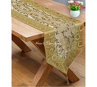 Stylo Culture Indian Dining Table Runner Embroidered Zari Tassels 72 Inch Gold Grey Bohemian Brocade Jacquard Bordered 6 ft Elegant Decorative 14 Inches Wide Ethnic Wedding Reception Party Decor