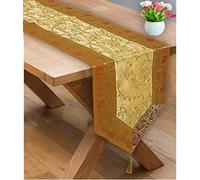 Stylo Culture Indian Dining Table Runners 72 Inch Long Gold Yellow Bohemian Decorative Embellished Zari Embroidered Tassels 6 ft Brocade Jacquard Bordered 14 Inches Wide Table Cloth Party Decor
