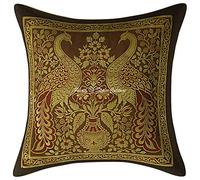 Stylo Culture Indian Jacquard Sofa Couch Scatter Cushion Covers 12x12 Inch Coffee Brown Gold Peacock 30 x 30 cm Brocade Square Couch Lounge Floral Throw Pillow Cover - (1 Pc)