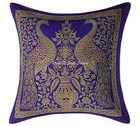 Stylo Culture Indian Jacquard Sofa Couch Scatter Cushion Covers 12x12 Inch Royal Blue Gold Peacock 30 x 30 cm Brocade Elegant Square Couch Lounge Floral Throw Pillow Case - (1 Pc)
